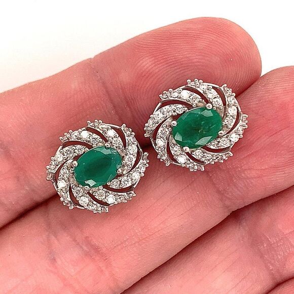 Diamond Emerald Earrings 14k W Gold 4.05 TCW Certified $6,950 018690 - Picture 7 of 13